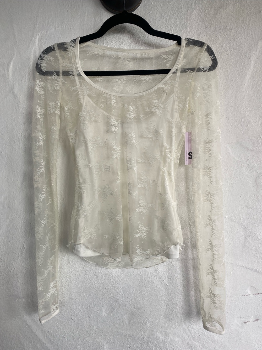 Sheer Ivory Floral Lace Long-Sleeve Top